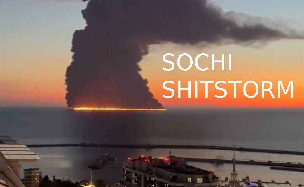 Tanker Ablaze Off Sochi With Burning Oil Spreading on Water Surface